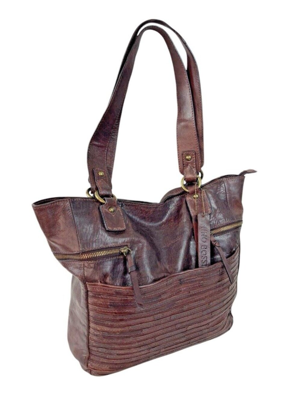 Nino Bossi Brown Leather Purse Handbag Boho Minalmalist Shoulder Bag Western